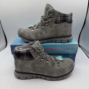 Skechers Synergy Plaid Mood Boots Women 8.5 Charcoal Lace Up Ankle Bootie 167939